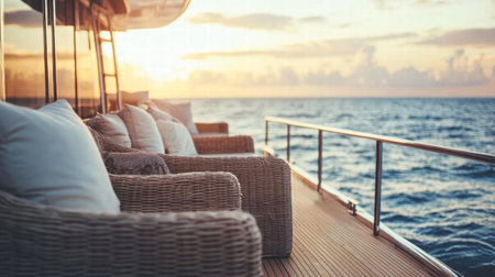 Relax on the stylish yacht deck featuring comfortable furniture while enjoying breathtaking ocean views during sunset.の素材