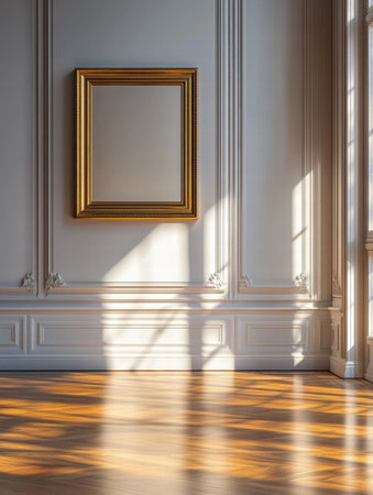 Sunlight streams through the windows of the gallery, casting intricate shadows on the polished wooden floor beneath a golden frame.の素材
