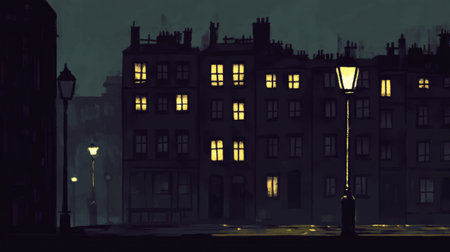 A dark city neighborhood features a few illuminated windows, creating a contrast in the stillness of night. Street lamps cast soft light.の素材