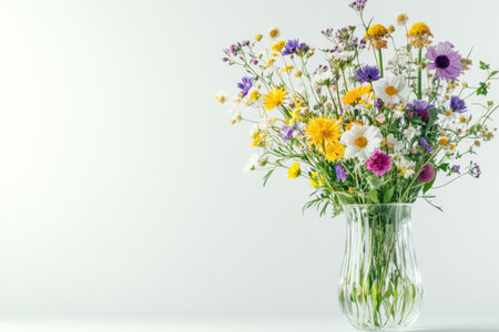 Colorful wildflowers are artistically arranged in a clear glass vase, placed on a simple surface, inviting creativity with ample space for text.の素材