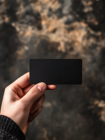 A hand is gripping a black gift card against a textured backdrop, providing space for personalization or branding details.の素材