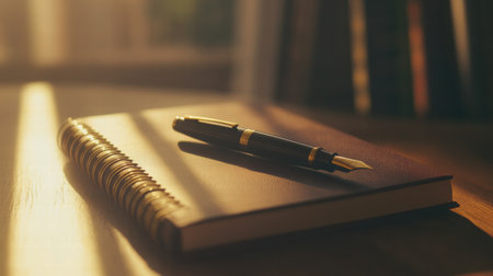 A luxury fountain pen with gold accents sits elegantly on a spiral notebook, illuminated by warm natural light filtering through a window.の素材
