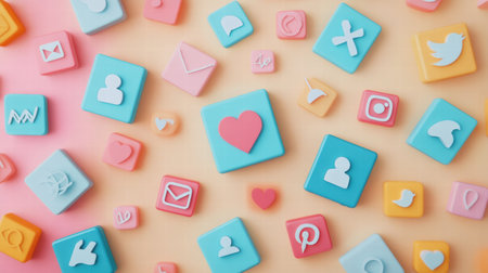 Various social media icons in bright colors laid scattered on a pastel background, symbolizing online interaction and connectivity.の素材