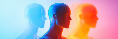 Three faceless avatars showcased in vivid hues, creating a modern and abstract aesthetic with empty space for personalized text.の素材
