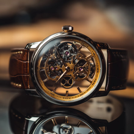 A luxury wristwatch with a golden frame and leather strap is elegantly displayed on a sleek, reflective surface.の素材