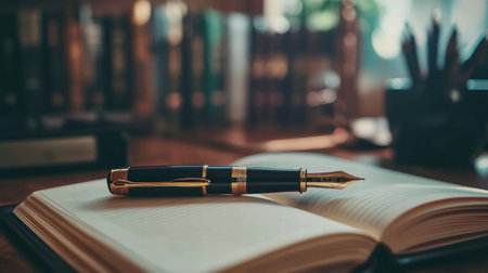 A luxurious fountain pen with gold accents lies gracefully on an open book within a tranquil library, surrounded by shelves of literature.の素材