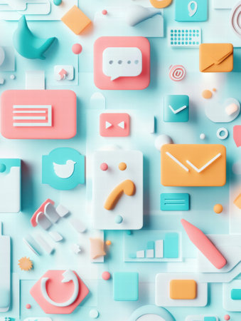 Various digital icons, including messages, notifications, and graphs, are artistically displayed on a vibrant, textured background.の素材