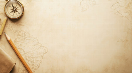 A vintage map is accompanied by a compass and a pencil, creating an atmosphere rich in exploration and adventure, inviting the spirit of discovery.の素材