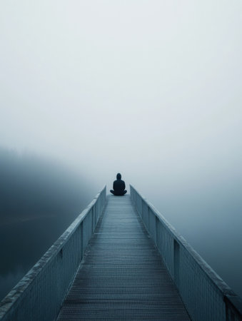 A solitary person sits at the edge of a bridge shrouded in fog, contemplating their thoughts amid the peaceful yet eerie atmosphere of nature.の素材