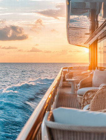 Enjoy a relaxing moment on a luxury yacht deck adorned with elegant furniture while the sun sets, creating a tranquil atmosphere on the ocean.の素材