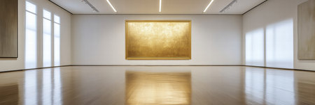 Bright and elegant art gallery features a large golden artwork dominating the wall, surrounded by minimalist decor and polished floors.の素材
