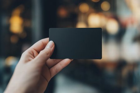 A hand is showcasing a sleek black gift card with ample space for customization, inviting creativity and personal touch.の素材