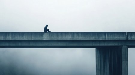 A solitary person perches on a fog covered bridge, surrounded by thick mist, reflecting on their feelings of isolation and loneliness.の素材