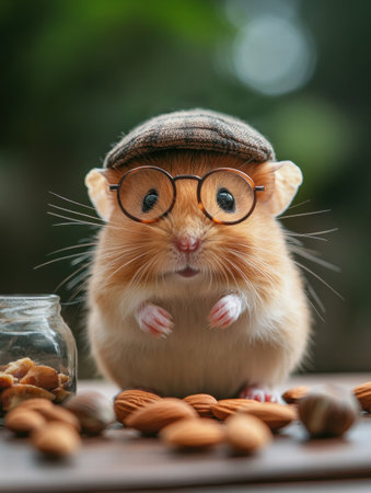 A playful hamster wearing round glasses and a small cap investigates a variety of nuts scattered on a wooden surface in a warm atmosphere.の素材
