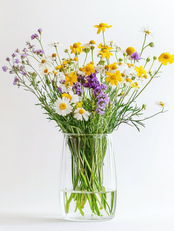 Colorful wildflowers in a clear glass vase create a minimalist still life, providing a perfect setting for text or promotional content.の素材