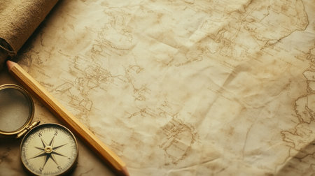 Vintage map rests alongside a compass and pencil, inviting exploration and adventure planning with blank space for personal notes.の素材