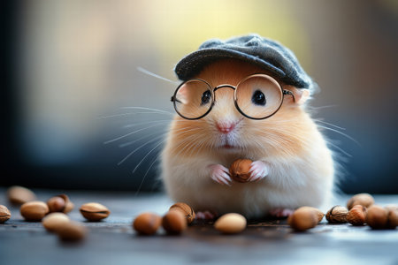 A charming hamster dressed in round glasses and a tiny cap sits on a surface surrounded by nuts, holding one with its paws.の素材
