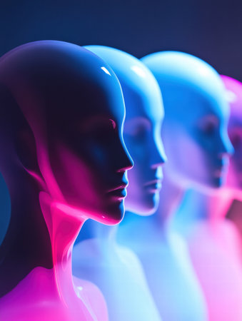 Abstract faceless avatars display gradients of color, providing a versatile mockup area perfect for text or branding applications.の素材