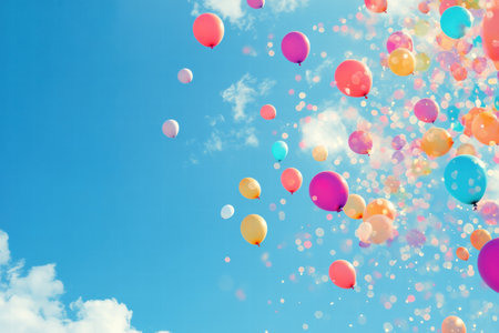 Brightly colored balloons ascend into a clear blue sky, creating a cheerful and vibrant atmosphere during a sunny afternoon.の素材