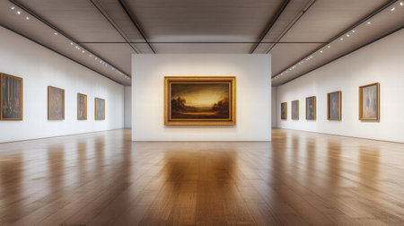 Sophisticated art gallery features stunning paintings displayed on white walls with polished wooden floors reflecting soft gallery lighting.の素材