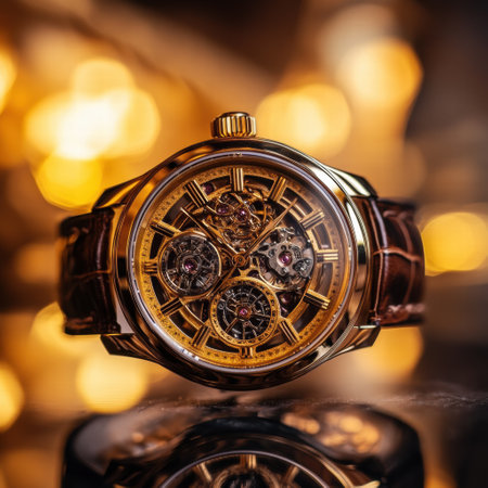 This luxurious wrist watch features a golden frame with detailed craftsmanship, set against a backdrop of warm evening light and elegance.の素材