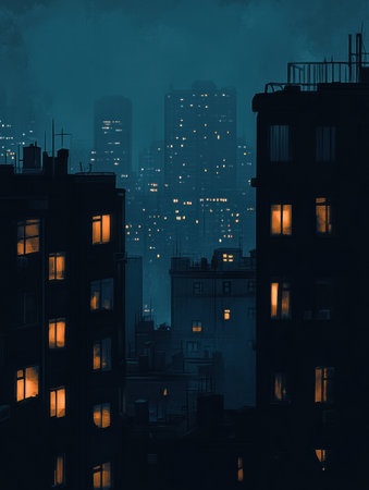 Dark cityscape featuring buildings with few illuminated windows, conveying a quiet mood during the nighttime hours.の素材