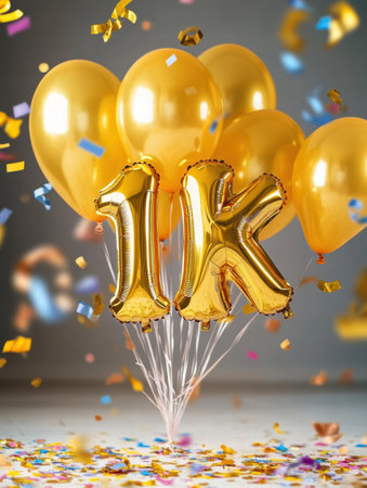 Golden foil balloons forming 1K stand out amidst colorful confetti, creating a joyful atmosphere for celebrating subscriber milestones.の素材
