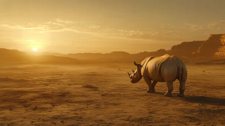 A majestic rhino roams the arid savanna as the sun sets, casting warm light across the vast, empty landscape.の素材