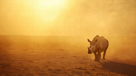 A solitary rhino stands in a vast, arid savanna illuminated by the warm glow of sunset, providing ample space for added text.の素材