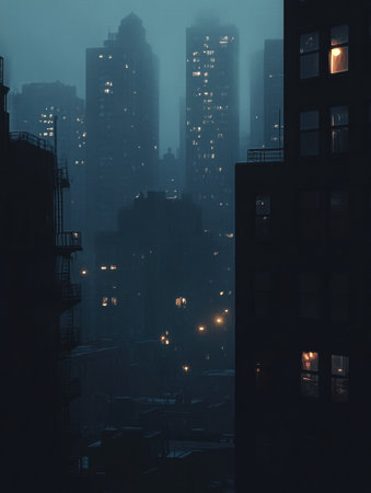 In a dark urban environment, a few illuminated windows break the night, adding a mysterious charm to the city skyline.の素材