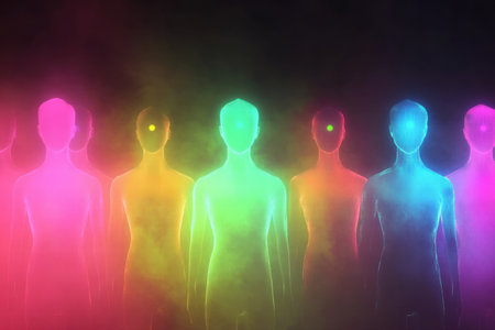 Colorful abstract faceless avatars stand in a row, showcasing a variety of hues and leaving space for custom text or branding.の素材