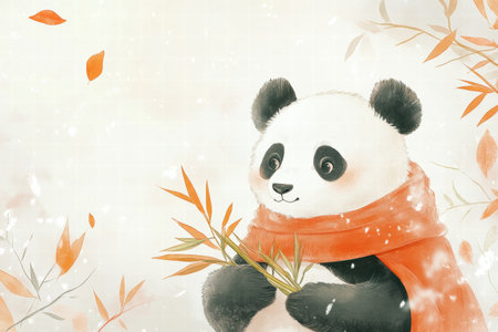 A cute panda softly holds bamboo while wearing a vibrant scarf, enjoying a tranquil moment amidst falling leaves and light snow.の素材