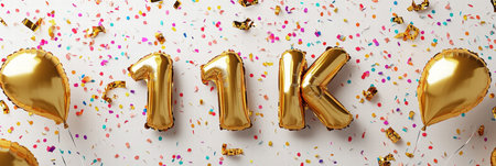Golden foil balloons shaped as 1K are surrounded by vibrant confetti, perfect for a celebration of social media achievement.の素材