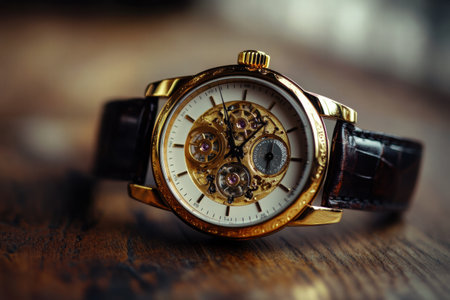 An exquisite wristwatch featuring a golden frame and detailed mechanisms rests on a polished wooden surface, highlighting its fine craftsmanship.の素材