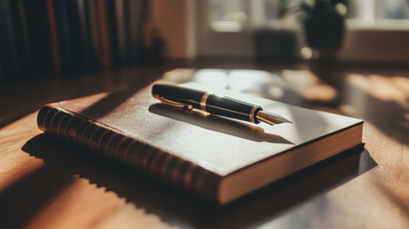 A well designed luxury fountain pen with gold accents rests elegantly on a leather bound notebook, illuminated by gentle morning light.の素材