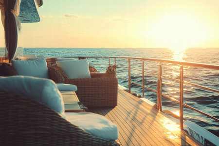 Sophisticated deck of a luxury yacht showcases stylish furniture while waves gently ripple under a vibrant sunset sky.の素材