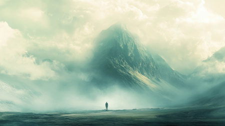 A solitary person gazes upward at a massive mountain, surrounded by fog and clouds, evoking a deep sense of loneliness and reflection.の素材