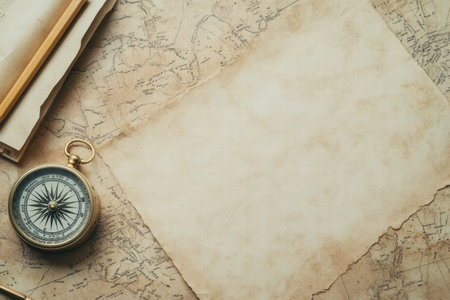 A vintage map, compass, and pencil are arranged neatly, offering a blank area for notes or ideas about upcoming adventures.の素材