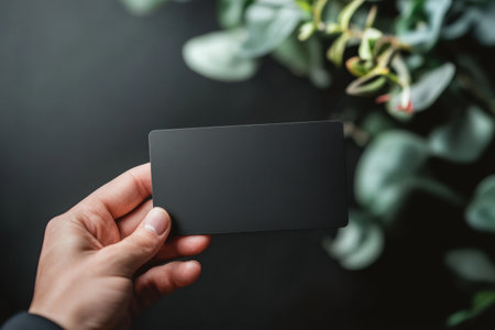 A person is holding a simple black gift card, surrounded by lush green leaves, offering space for custom text and branding opportunities.の素材