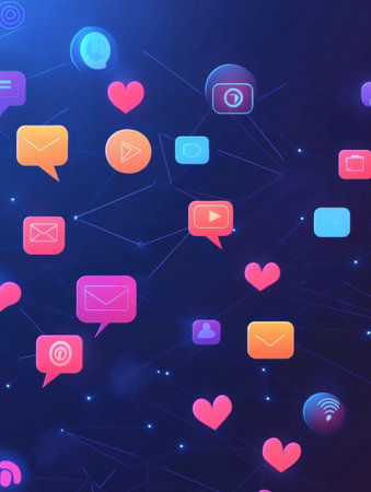 A vibrant display of social media icons floats in a digital space, showcasing hearts and messages interconnected in an engaging network.の素材