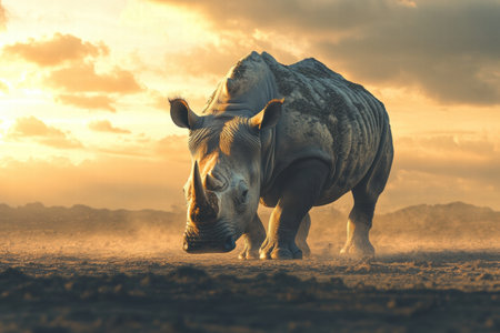 A solitary rhino moves through the barren savanna during sunset, surrounded by a tranquil environment perfect for mock up designs.の素材