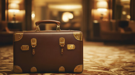A stylish leather suitcase with golden accents rests on a plush carpet inside a luxurious hotel lobby, showcasing opulence and sophistication.の素材