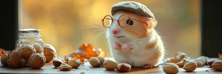 A small, adorable hamster wearing round glasses and a tiny cap sits among nuts, basking in warm autumn light from a nearby window.の素材