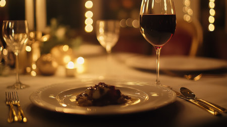 Gourmet dish elegantly presented on a lavish table, complemented by fine wine and soft candlelight, creating a romantic dinner atmosphere.の素材