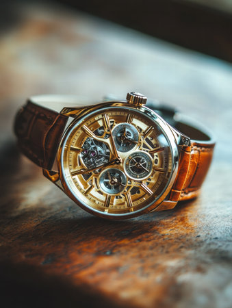 Elegant luxury wristwatch with a golden frame sits on polished wood, showing precision craftsmanship and sophisticated design.の素材