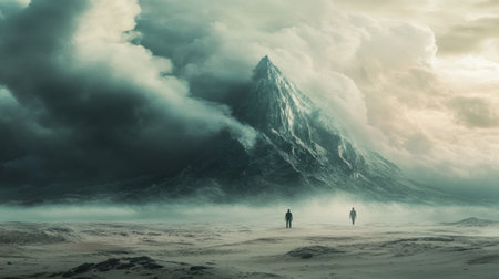 A solitary figure stands at the foot of a massive mountain, surrounded by swirling clouds and a vast, desolate landscape.の素材