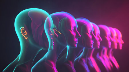 Faceless avatars are arranged in a linear pattern, showing vibrant colors and offering ample space for creative text and design elements.の素材