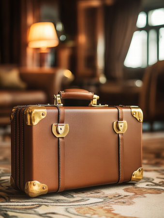 This luxurious leather suitcase features stunning golden hardware, complementing the elegant decor of a cozy, richly furnished interior space.の素材