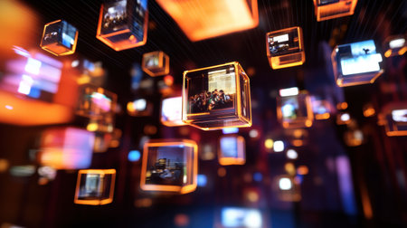 Colorful floating cubes display various multimedia symbols, creating an engaging visual experience in a futuristic digital environment.の素材