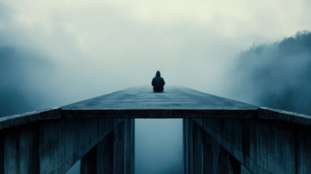 A solitary person sits quietly at the edge of a misty bridge, surrounded by enveloping fog and a tranquil atmosphere, reflecting on solitude.の素材